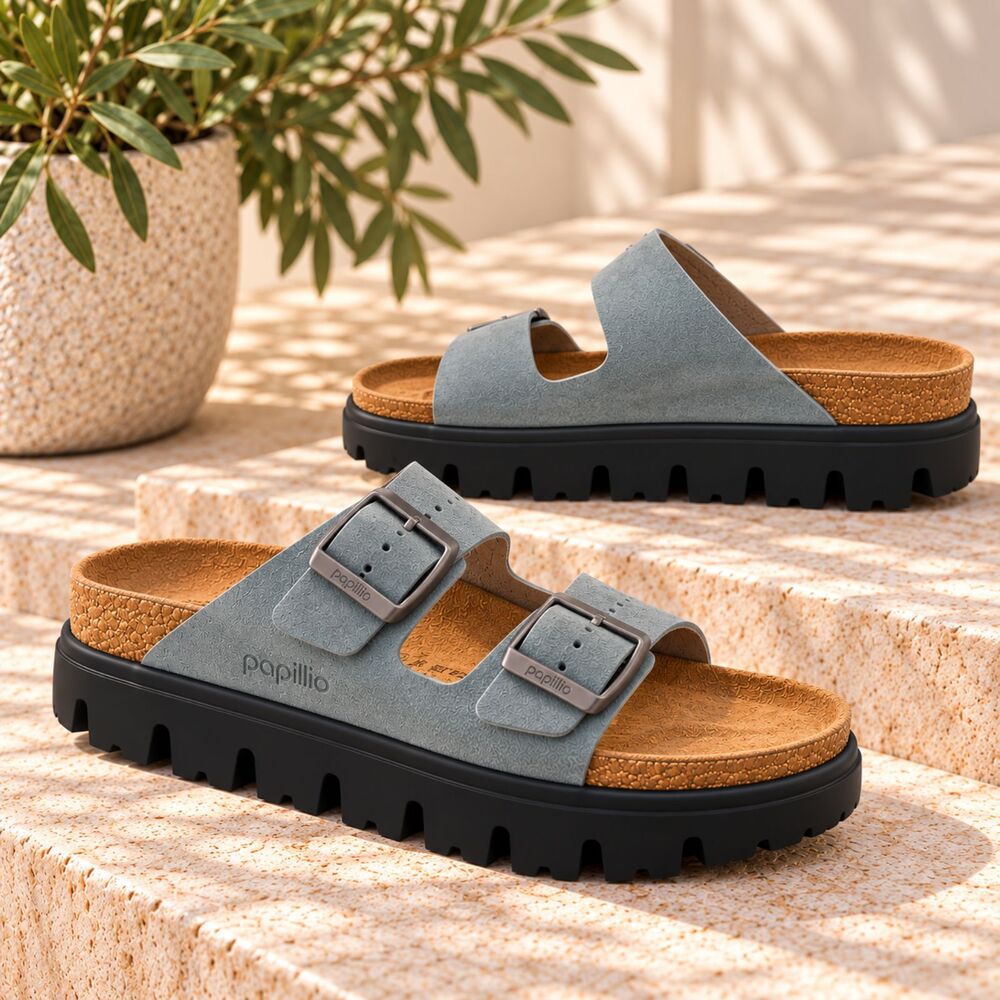 Birkenstock Papillio Arizona Flex Platform Suede Sandals Basalt Gray Size 41